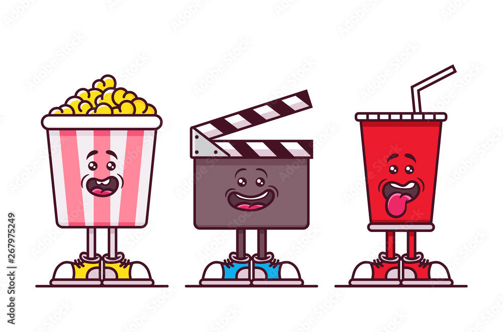 Doodle Cartoon Characters. Cinema Objects: Popcorn Basket, Clapper Board  and Cup of Soda. Vector Illustration Stock Vector | Adobe Stock