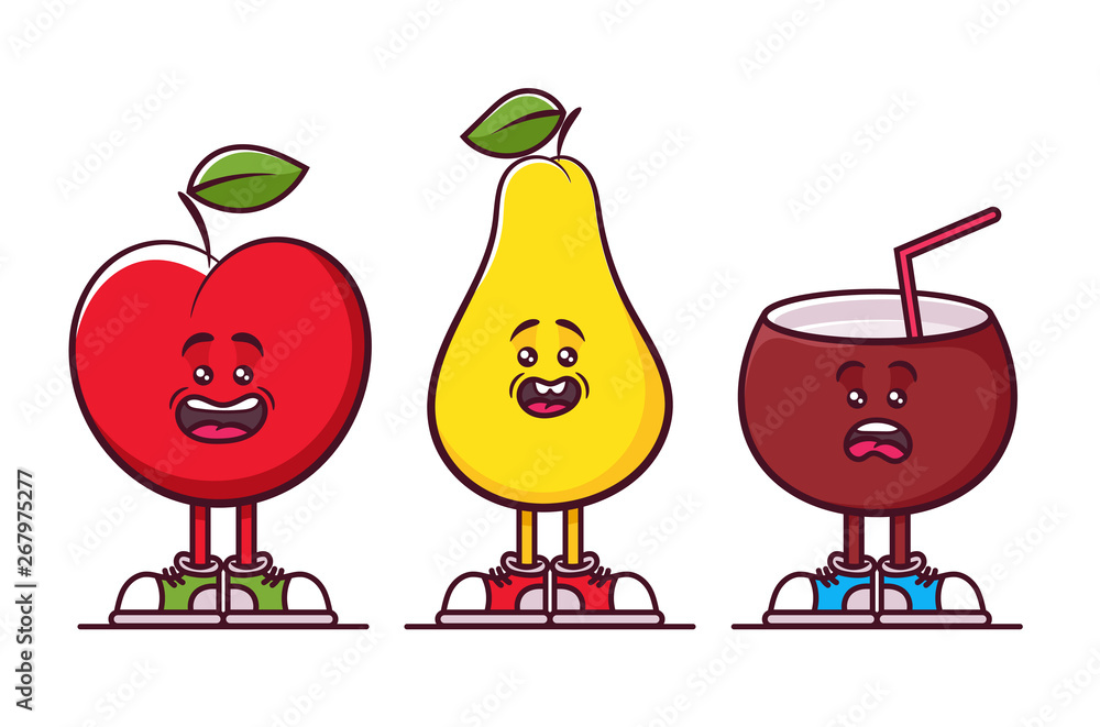Doodle Cartoon Characters. Fruits: Apple, Pear and Coconut. Vector  Illustration Stock Vector | Adobe Stock
