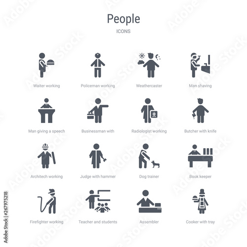 set of 16 vector icons such as cooker with tray, assembler, teacher and students, firefighter working, book keeper, dog trainer, judge with hammer, architech working from people concept. can be used