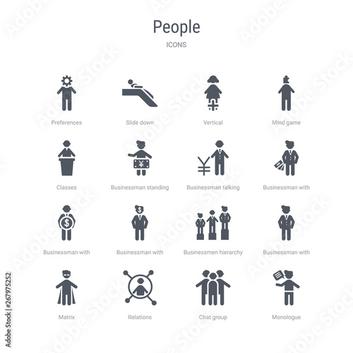 set of 16 vector icons such as monologue, chat group, relations, matrix, businessman with dollar money, businessmen hierarchy, businessman with financial message about dollar, businessman with pound