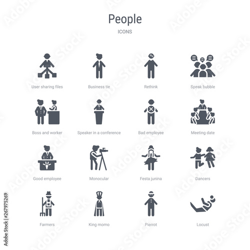 set of 16 vector icons such as locust, pierrot, king momo, farmers, dancers, festa junina, monocular, good employee from people concept. can be used for web, logo, ui\u002fux