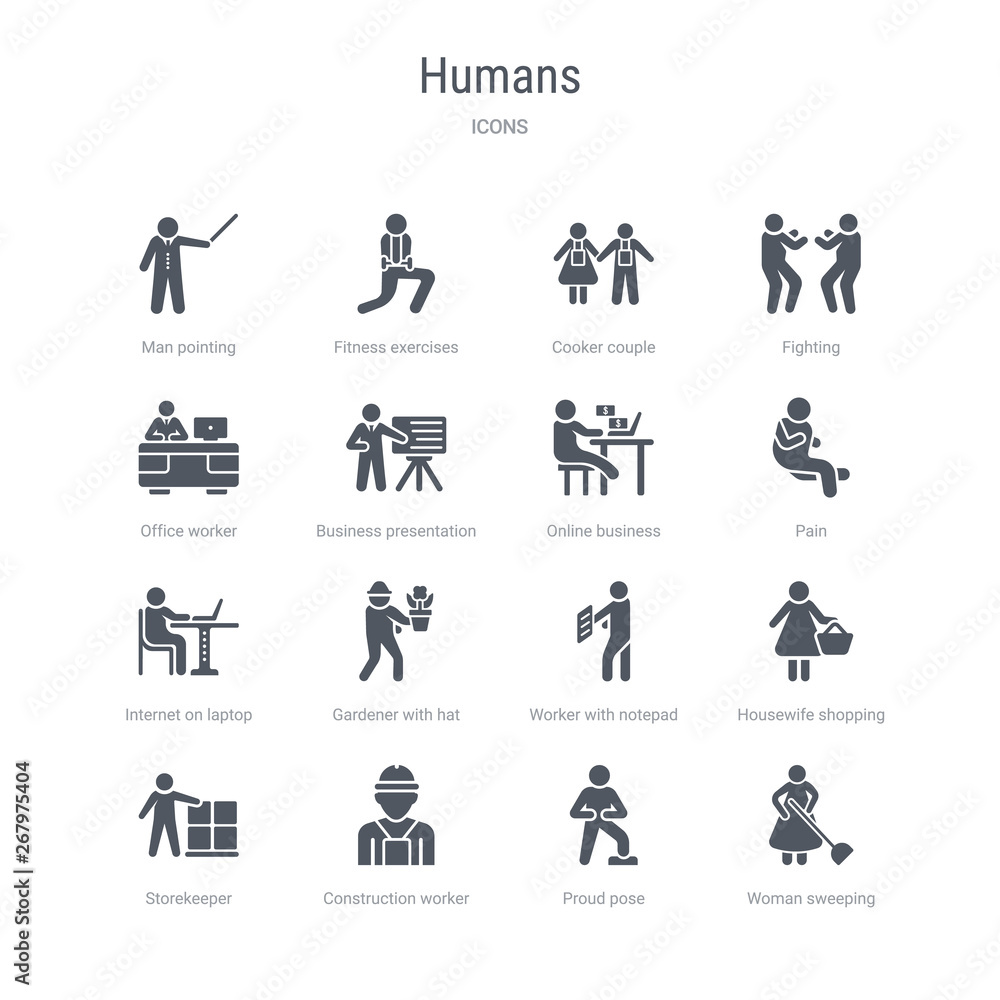 set of 16 vector icons such as woman sweeping, proud pose, construction worker, storekeeper, housewife shopping, worker with notepad, gardener with hat, internet on laptop computer from humans