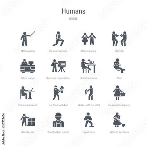 set of 16 vector icons such as woman sweeping, proud pose, construction worker, storekeeper, housewife shopping, worker with notepad, gardener with hat, internet on laptop computer from humans