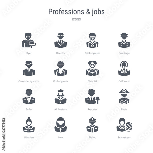 set of 16 vector icons such as seamstress, bishop, nun, librarian, pirate, reporter, air hostess, butler from professions & jobs concept. can be used for web, logo, ui\u002fux