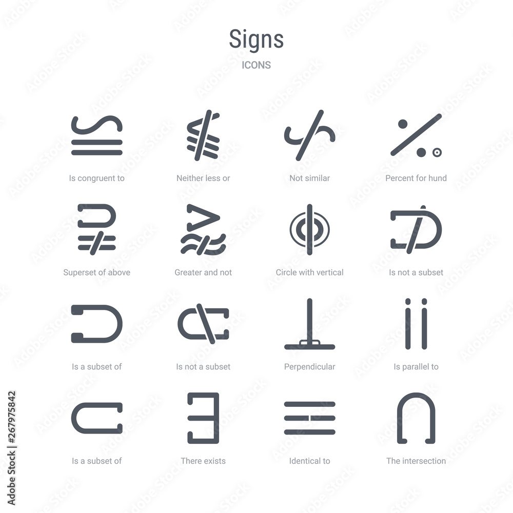 set of 16 vector icons such as the intersection of, identical to, there exists, is a subset of, is parallel to, perpendicular, is not a subset, a subset from signs concept. can be used for web, set of 16 vector icons such as the intersection of, identical to, there exists, is a subset of, is parallel to, perpendicular, is not a subset, a subset from signs concept. can be used for web,