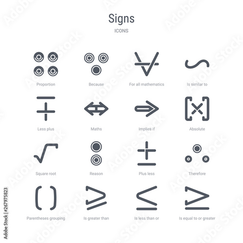 set of 16 vector icons such as is equal to or greater than, is less than or equal to, is greater than or equal to, parentheses grouping, therefore, plus less, reason, square root from signs concept.