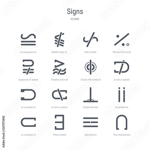 set of 16 vector icons such as the intersection of, identical to, there exists, is a subset of, is parallel to, perpendicular, is not a subset, a subset from signs concept. can be used for web,