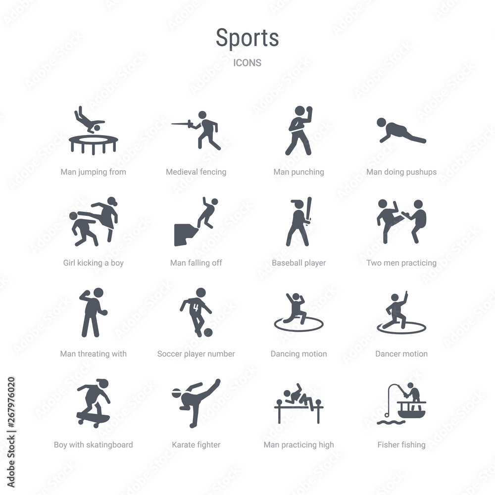 set of 16 vector icons such as fisher fishing, man practicing high jump, karate fighter, boy with skatingboard, dancer motion, dancing motion, soccer player number four, man threating with his fist