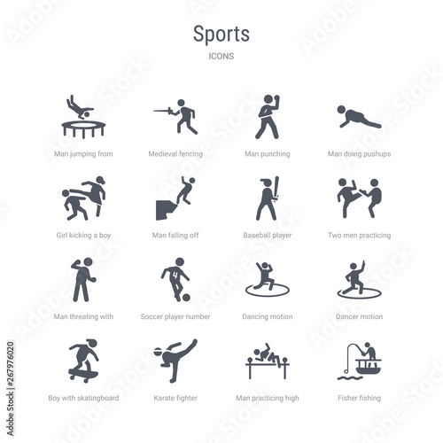 set of 16 vector icons such as fisher fishing, man practicing high jump, karate fighter, boy with skatingboard, dancer motion, dancing motion, soccer player number four, man threating with his fist
