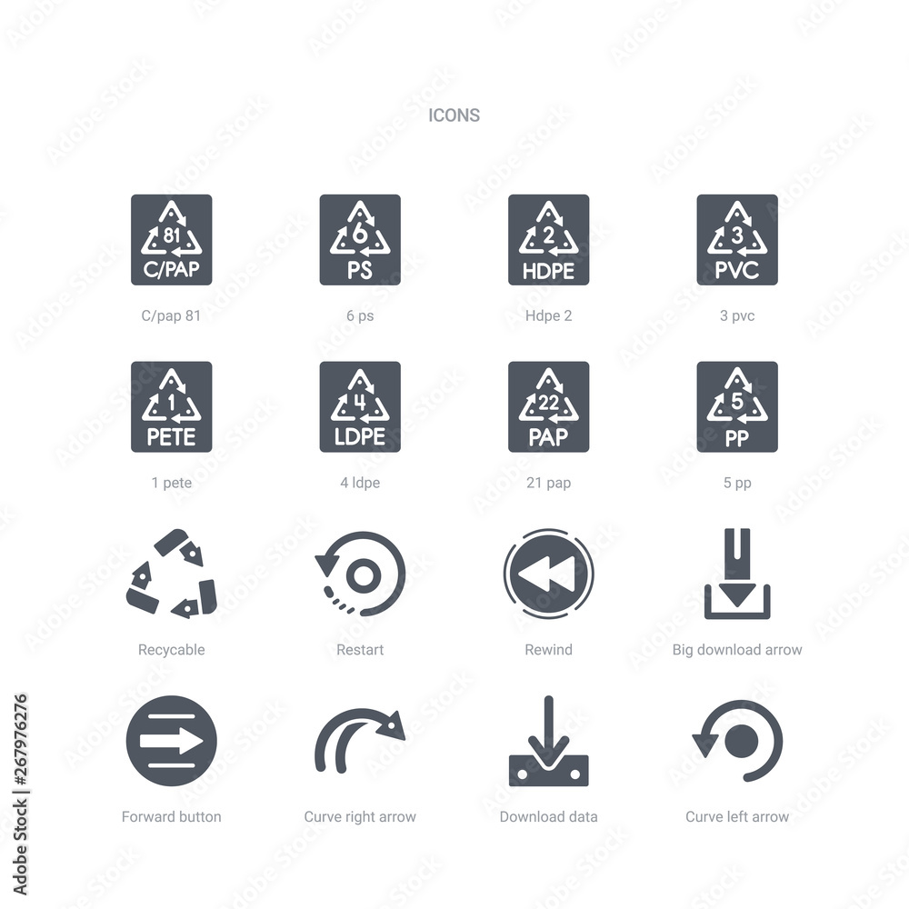 set of 16 vector icons such as curve left arrow, download data, curve ...