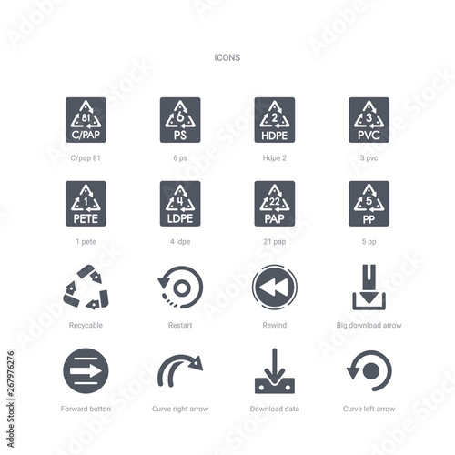 set of 16 vector icons such as curve left arrow, download data, curve right arrow, forward button, big download arrow, rewind, restart, recycable from ui concept. can be used for web, logo,