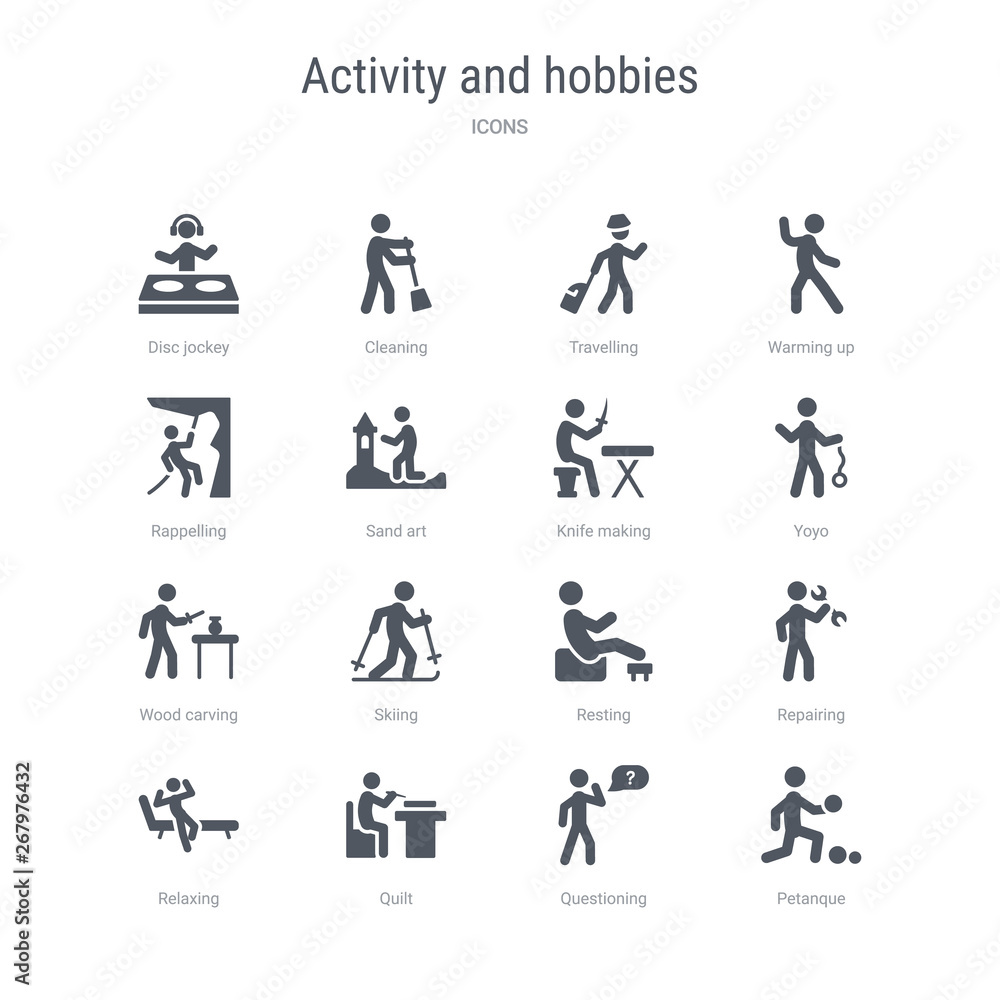 set of 16 vector icons such as petanque, questioning, quilt, relaxing, repairing, resting, skiing, wood carving from activity and hobbies concept. can be used for web, logo, ui\u002fux set of 16 vector icons such as petanque, questioning, quilt, relaxing, repairing, resting, skiing, wood carving from activity and hobbies concept. can be used for web, logo, ui\u002fux
