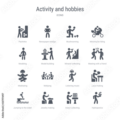 set of 16 vector icons such as hydroponics, insect collecting, jewelry making, jumping to the water, lace making, listening music, mahjong, meditating from activity and hobbies concept. can be used