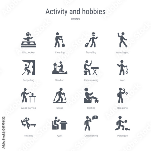 set of 16 vector icons such as petanque, questioning, quilt, relaxing, repairing, resting, skiing, wood carving from activity and hobbies concept. can be used for web, logo, ui\u002fux