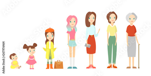 Vector illustration of a woman in different ages. Cute baby girl, a child, a pupil, a teenager, an adult, an elderly female person. The life cycle of a woman, girl is growing up and becoming older in