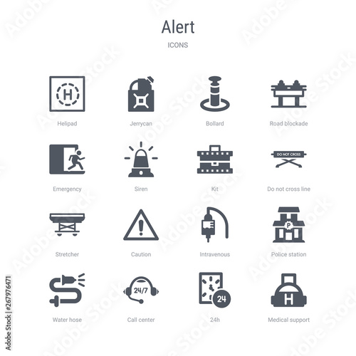 set of 16 vector icons such as medical support, 24h, call center, water hose, police station, intravenous, caution, stretcher from alert concept. can be used for web, logo, ui\u002fux