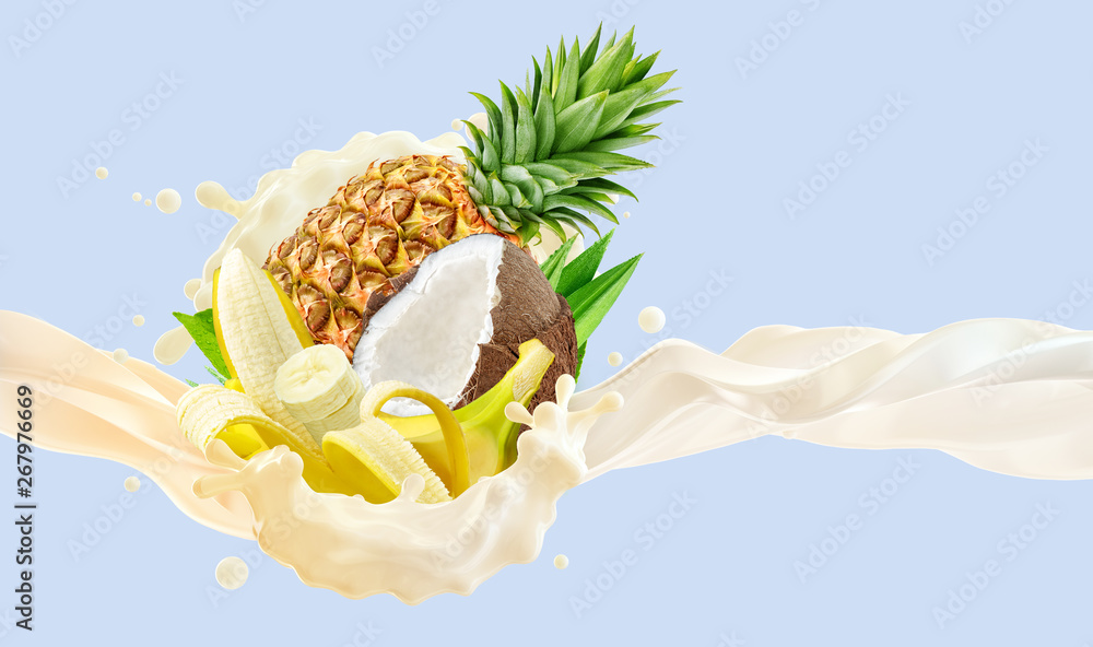 Pineapple coconut banana yogurt or smoothie splash wave with pineapple,  coconut, banana fruits. Label, banner ad design with greek yogurt, smoothie,  milk, banana, pineapple, coconut. 3D Stock Illustration | Adobe Stock