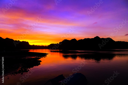 evening orange sky sea landscape. Vietnam Top Destinations, Ha Long Bay