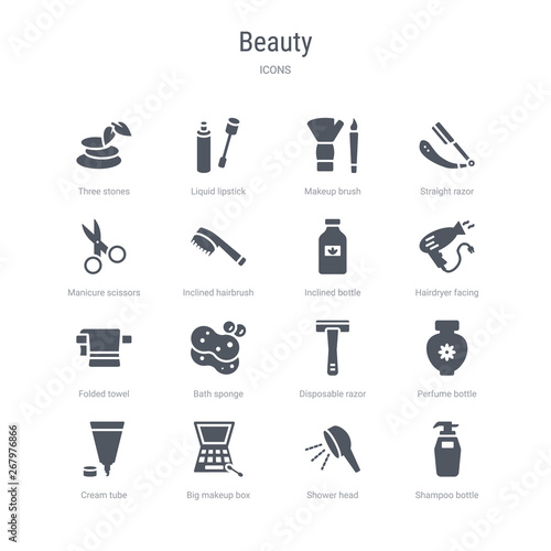 set of 16 vector icons such as shampoo bottle, shower head, big makeup box, cream tube, perfume bottle, disposable razor, bath sponge, folded towel from beauty concept. can be used for web, logo,