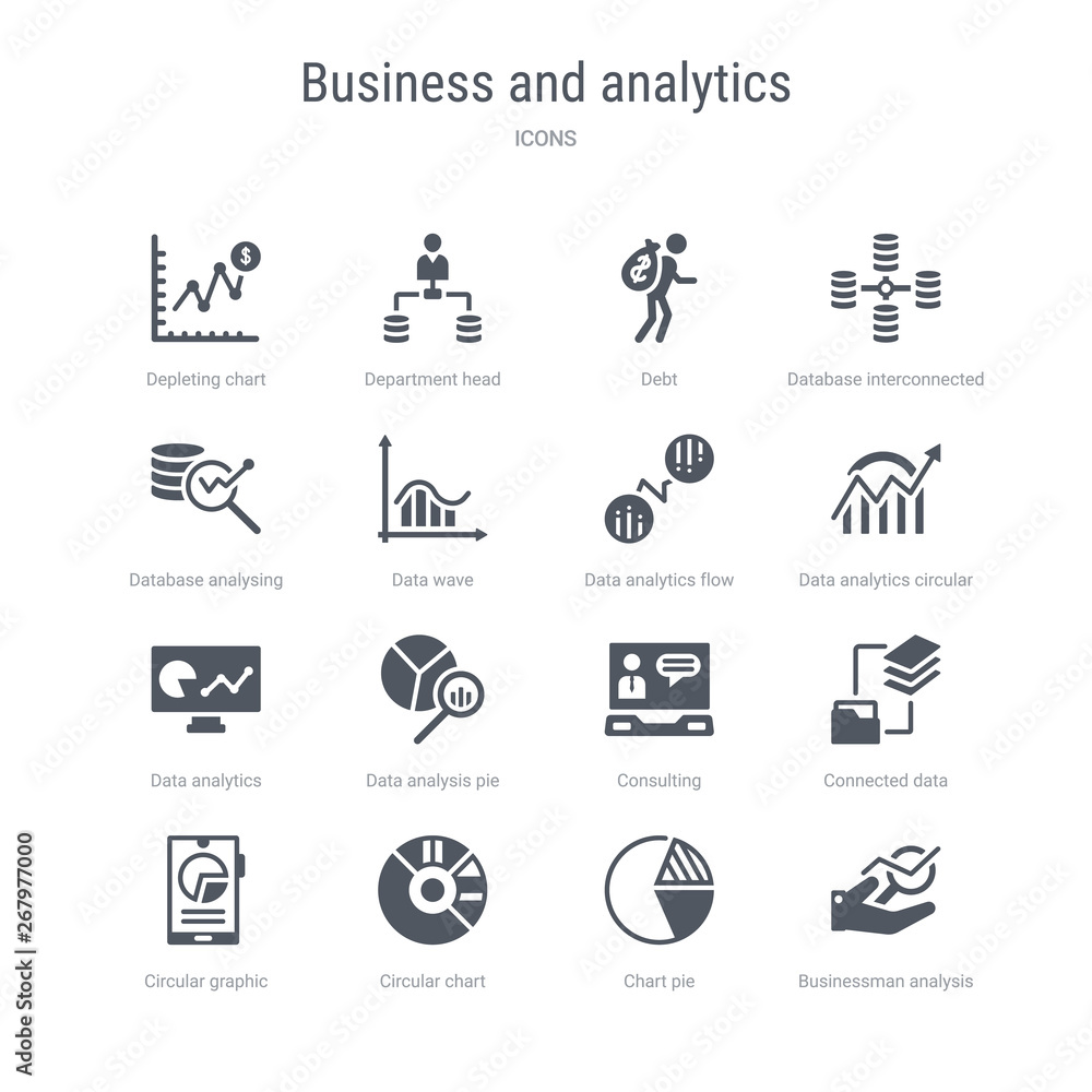 set of 16 vector icons such as businessman analysis, chart pie, circular chart, circular graphic of mobile, connected data, consulting, data analysis pie chart, data analytics from business and