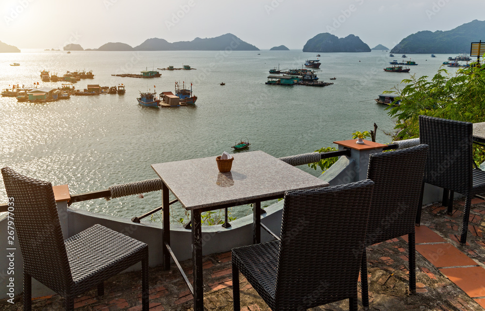 Ha Long Bay Cruises Restaurant terrace. interior terrace summer cafe, Vietnam