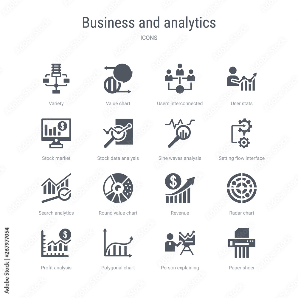 set of 16 vector icons such as paper shder, person explaining strategy, polygonal chart, profit analysis, radar chart, revenue, round value chart, search analytics from business and analytics
