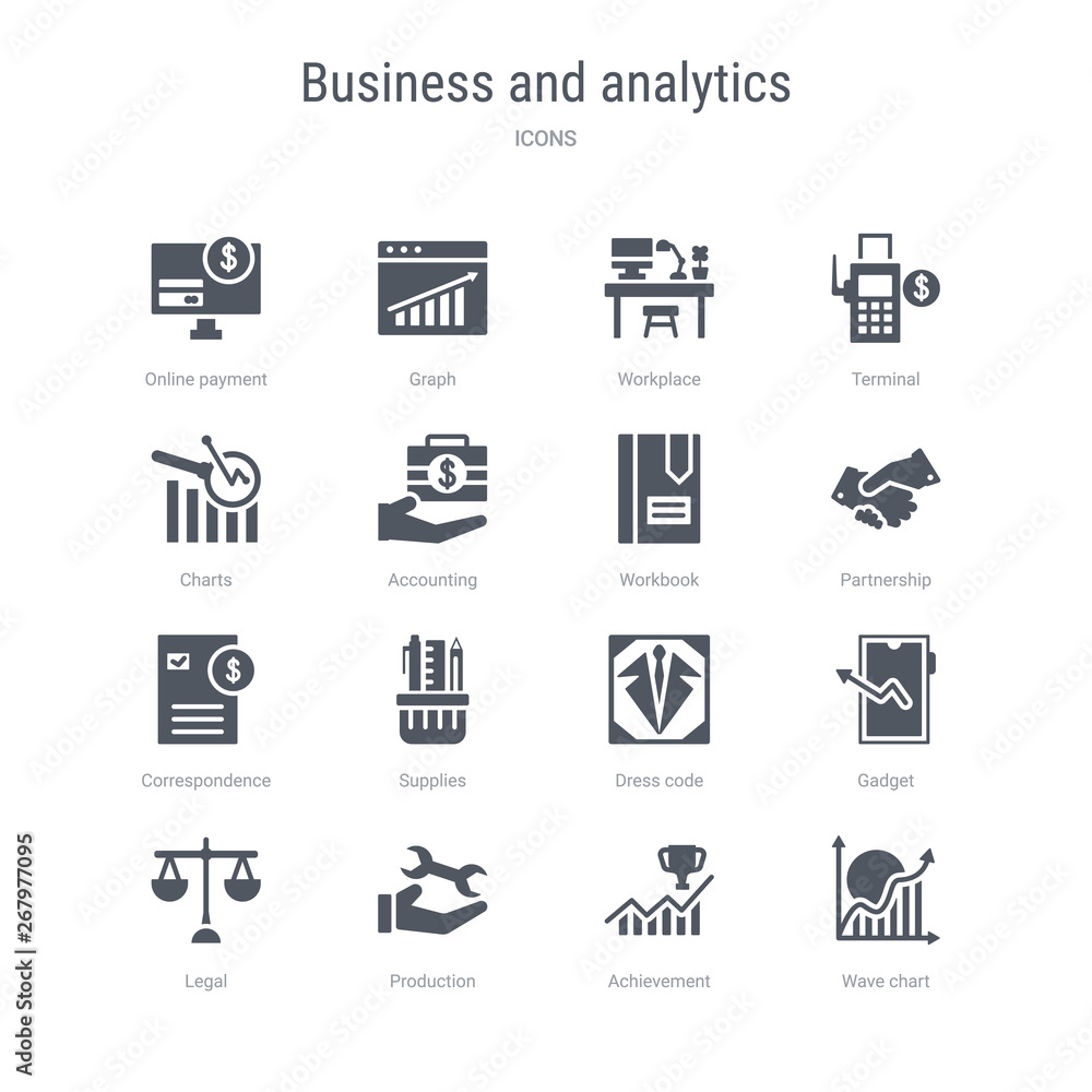 set of 16 vector icons such as wave chart, achievement, production, legal, gadget, dress code, supplies, correspondence from business and analytics concept. can be used for web, logo, ui\u002fux set of 16 vector icons such as wave chart, achievement, production, legal, gadget, dress code, supplies, correspondence from business and analytics concept. can be used for web, logo, ui\u002fux
