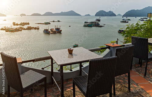 Ha Long Bay Cruises Restaurant terrace. interior terrace summer cafe, Vietnam