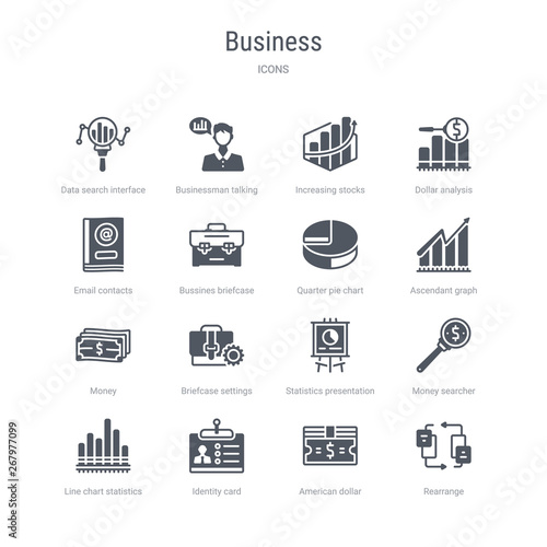 set of 16 vector icons such as rearrange, american dollar bill, identity card, line chart statistics, money searcher, statistics presentation, briefcase settings, money from business concept. can be