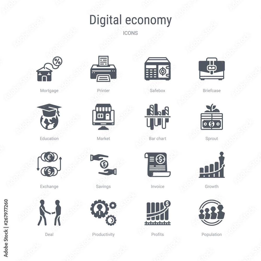 set of 16 vector icons such as population, profits, productivity, deal, growth, invoice, savings, exchange from digital economy concept. can be used for web, logo, ui\u002fux set of 16 vector icons such as population, profits, productivity, deal, growth, invoice, savings, exchange from digital economy concept. can be used for web, logo, ui\u002fux