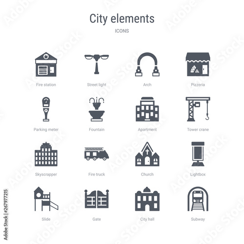 set of 16 vector icons such as subway, city hall, gate, slide, lightbox, church, fire truck, skyscrapper from city elements concept. can be used for web, logo, ui\u002fux