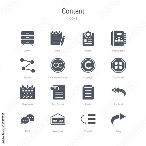 set of 16 vector icons such as reply, priority, weekend, сhat, reply all, paste, text format, next week from content concept. can be used for web, logo, ui\u002fux