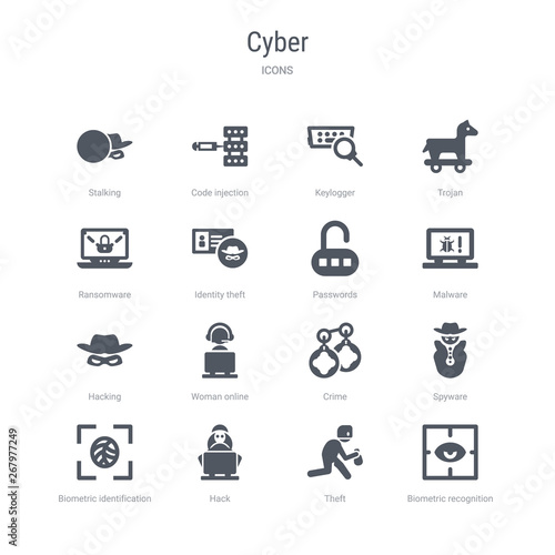 set of 16 vector icons such as biometric recognition, theft, hack, biometric identification, spyware, crime, woman online, hacking from cyber concept. can be used for web, logo, ui\u002fux