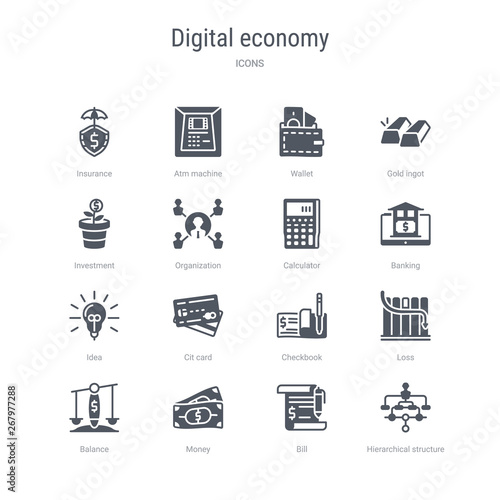 set of 16 vector icons such as hierarchical structure, bill, money, balance, loss, checkbook, cit card, idea from digital economy concept. can be used for web, logo, ui\u002fux