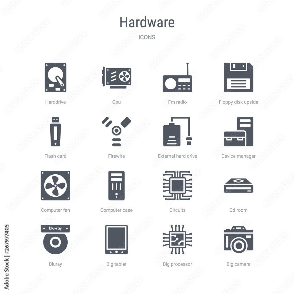 set of 16 vector icons such as big camera, big processor, big tablet, bluray, cd room, circuits, computer case, computer fan from hardware concept. can be used for web, logo, ui\u002fux set of 16 vector icons such as big camera, big processor, big tablet, bluray, cd room, circuits, computer case, computer fan from hardware concept. can be used for web, logo, ui\u002fux