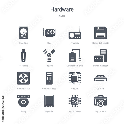 set of 16 vector icons such as big camera, big processor, big tablet, bluray, cd room, circuits, computer case, computer fan from hardware concept. can be used for web, logo, ui\u002fux