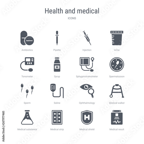 set of 16 vector icons such as medical result, medical shield, medical strip, substance, walker, ophthalmology, saline, sperm from health and concept. can be used for web, logo, ui\u002fux