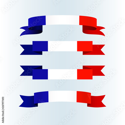 Ribbon icons flag of France on a light background Set Brochure banner layout with wavy lines of French flag ribbons Patriotic advertising greetings card abstract wavy tricolor france theme Vector icon