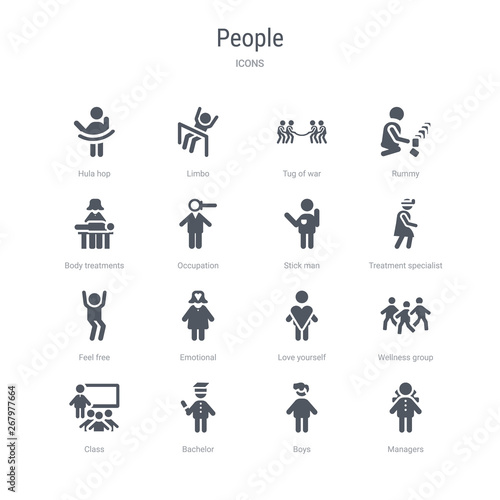 set of 16 vector icons such as managers, boys, bachelor, class, wellness group, love yourself, emotional, feel free from people concept. can be used for web, logo, ui\u002fux
