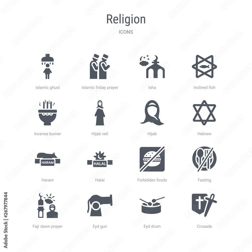 set of 16 vector icons such as crusade, eyd drum, eyd gun, fajr dawn prayer, fasting, forbidden foods, halal, haram from religion concept. can be used for web, logo, ui\u002fux