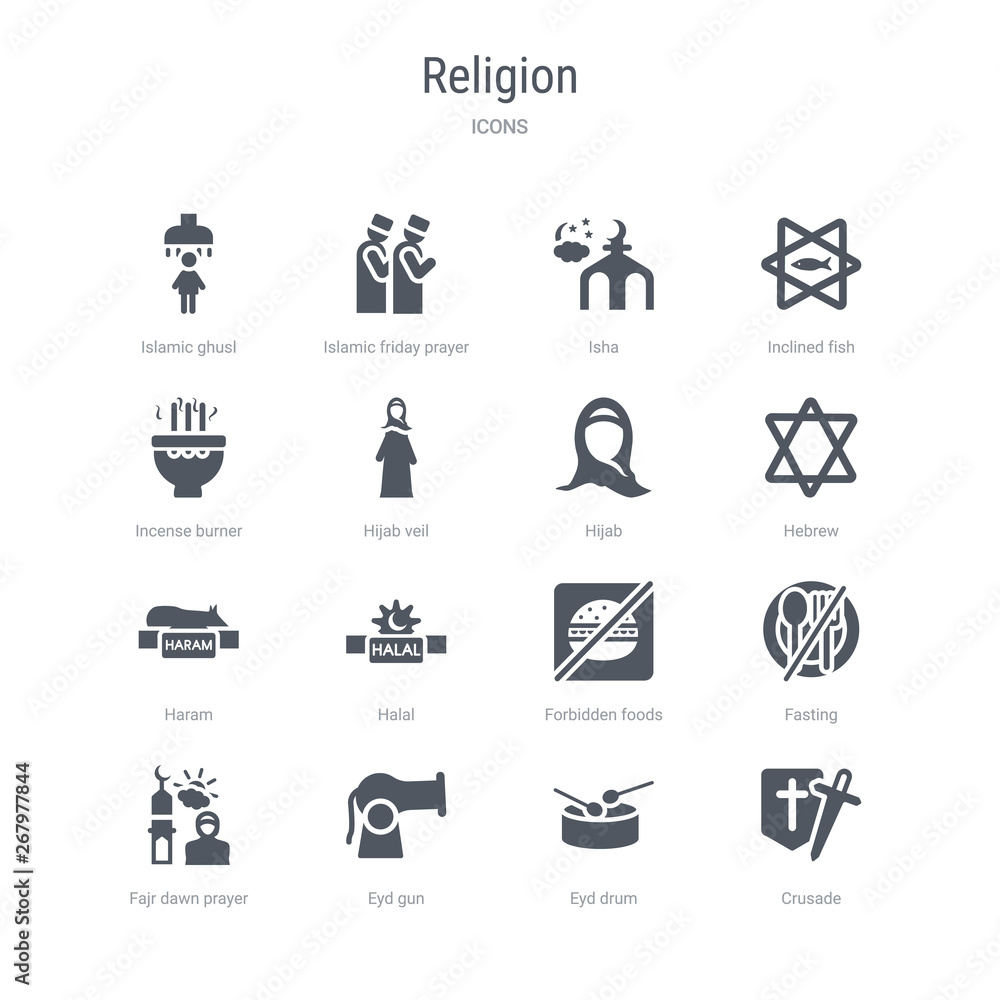 set of 16 vector icons such as crusade, eyd drum, eyd gun, fajr dawn prayer, fasting, forbidden foods, halal, haram from religion concept. can be used for web, logo, ui\u002fux set of 16 vector icons such as crusade, eyd drum, eyd gun, fajr dawn prayer, fasting, forbidden foods, halal, haram from religion concept. can be used for web, logo, ui\u002fux