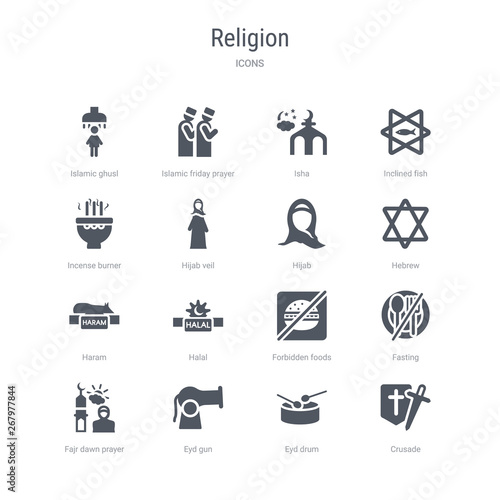 set of 16 vector icons such as crusade, eyd drum, eyd gun, fajr dawn prayer, fasting, forbidden foods, halal, haram from religion concept. can be used for web, logo, ui\u002fux