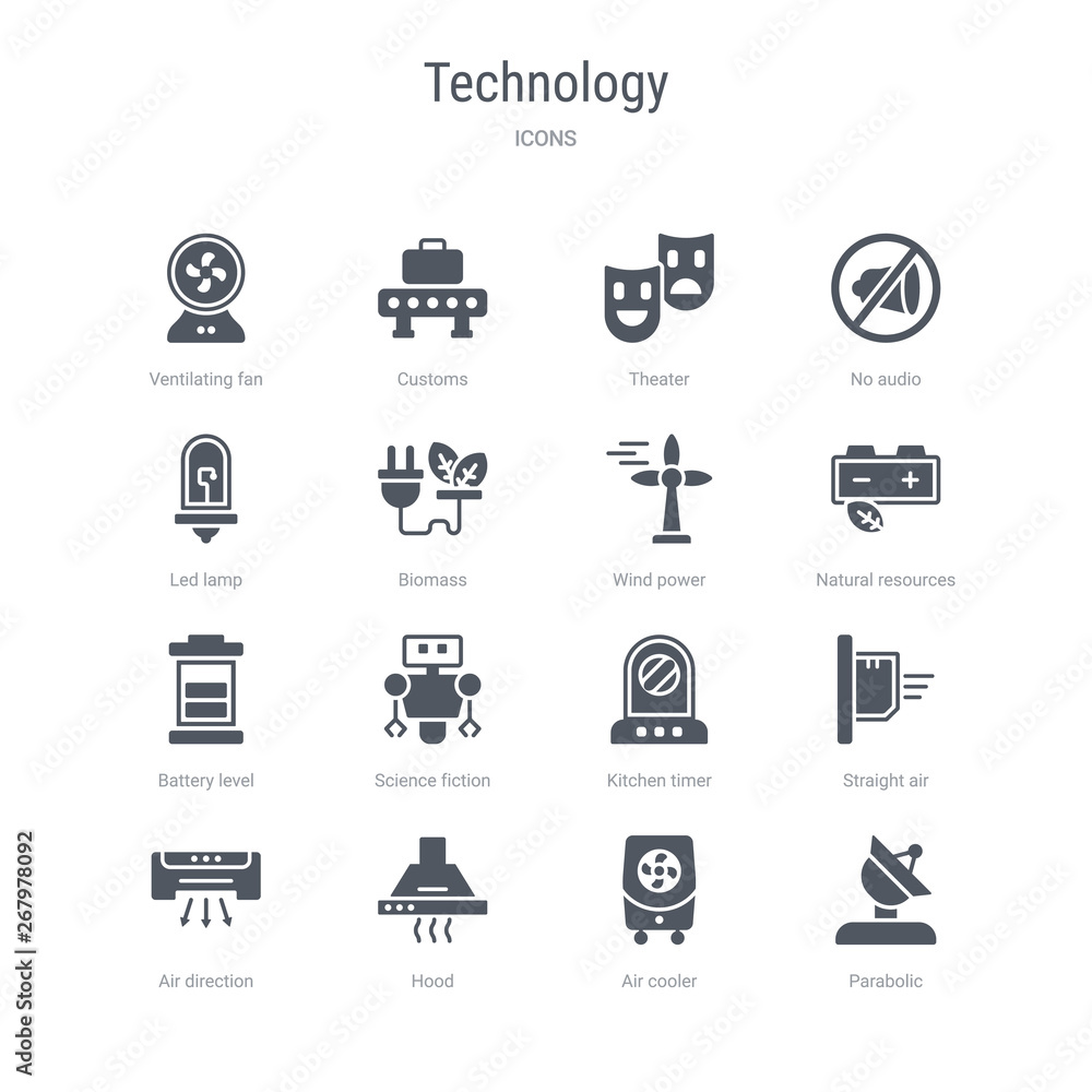 set of 16 vector icons such as parabolic, air cooler, hood, air direction, straight air, kitchen timer, science fiction, battery level from technology concept. can be used for web, logo, ui\u002fux set of 16 vector icons such as parabolic, air cooler, hood, air direction, straight air, kitchen timer, science fiction, battery level from technology concept. can be used for web, logo, ui\u002fux