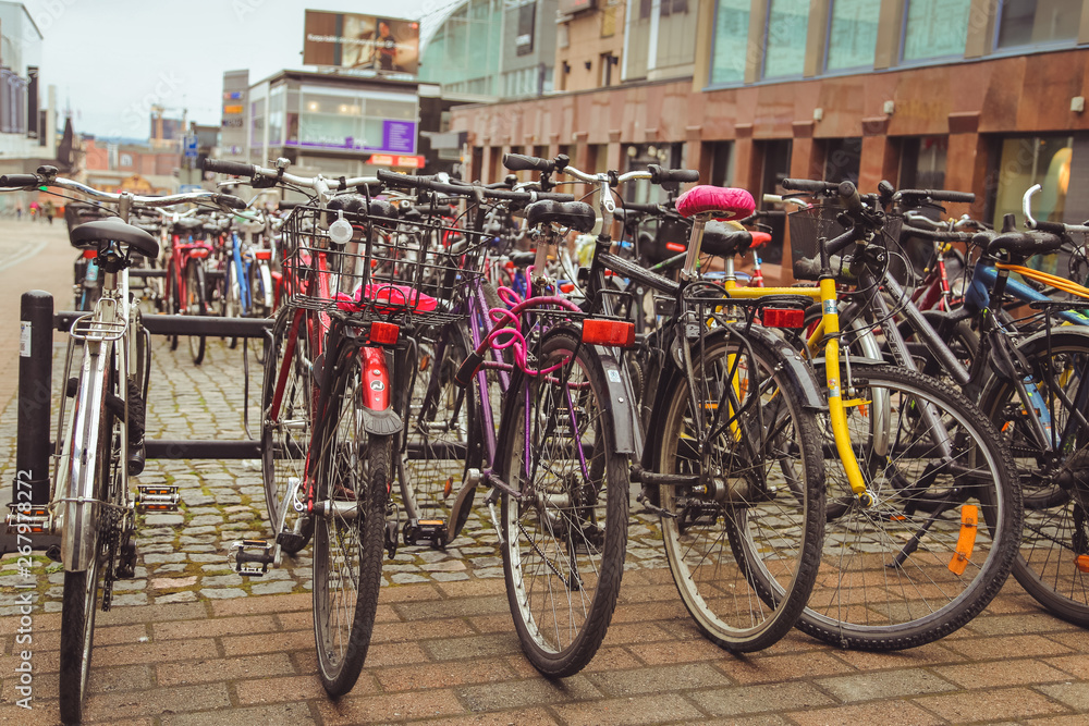 Bicycle Parking in the Finnish city of Jyvaskyla. many bicycles of different colors