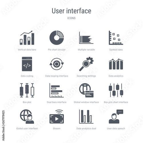 set of 16 vector icons such as user data speech interface, data analytics dual bars, stream, global user interface, box plot chart interface, global window dual bars box plot from user concept. can