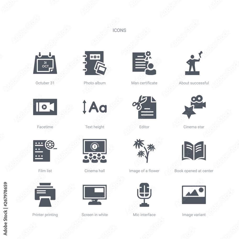 set of 16 vector icons such as image variant, mic interface, screen in white, printer printing squares, book opened at center, image of a flower, cinema hall, film list from ui concept. can be used set of 16 vector icons such as image variant, mic interface, screen in white, printer printing squares, book opened at center, image of a flower, cinema hall, film list from ui concept. can be used