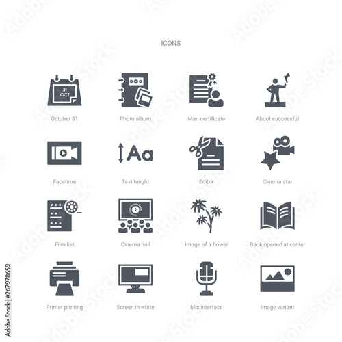 set of 16 vector icons such as image variant, mic interface, screen in white, printer printing squares, book opened at center, image of a flower, cinema hall, film list from ui concept. can be used