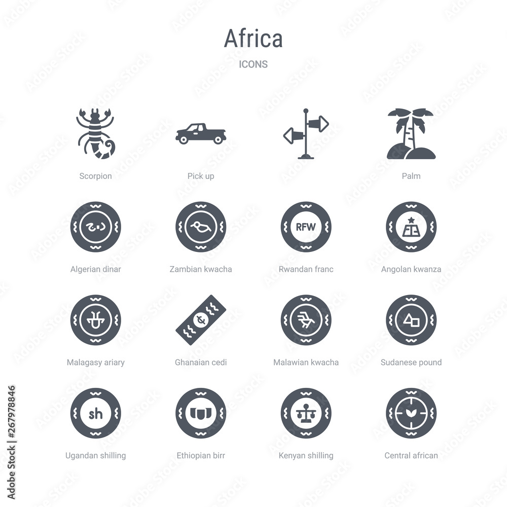 set of 16 vector icons such as central african franc, kenyan shilling, ethiopian birr, ugandan shilling, sudanese pound, malawian kwacha, ghanaian cedi, malagasy ariary from africa concept. can be set of 16 vector icons such as central african franc, kenyan shilling, ethiopian birr, ugandan shilling, sudanese pound, malawian kwacha, ghanaian cedi, malagasy ariary from africa concept. can be