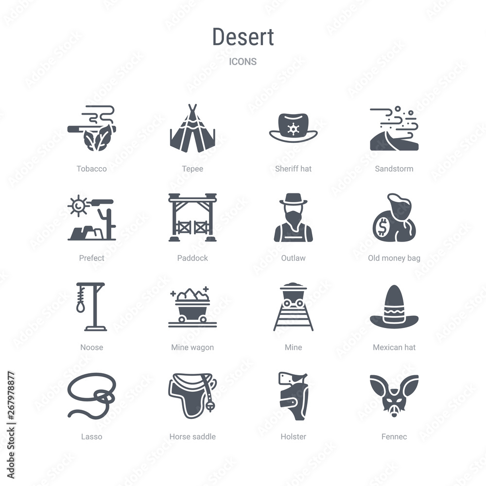 set of 16 vector icons such as fennec, holster, horse saddle, lasso, mexican hat, mine, mine wagon, noose from desert concept. can be used for web, logo, ui\u002fux