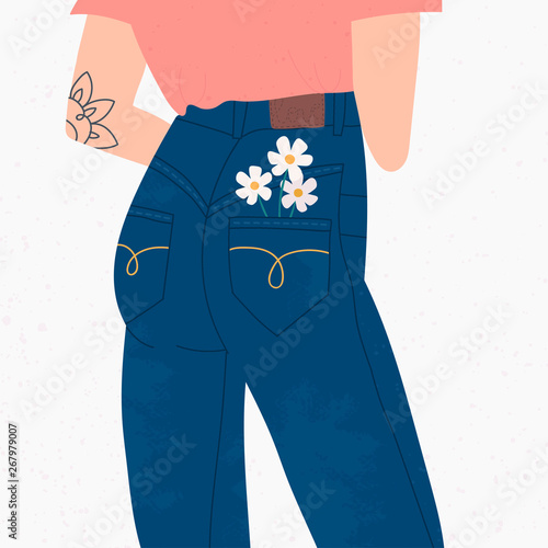 Beautiful slim lady dressed in denim pants. Blue jeans. High waist. Hand drawn vector colored trendy fashion illustration. Stamp texture. Back view